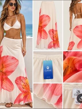 Cupshe Cream Maxi Swim Sarong with Coral Pink Floral Print